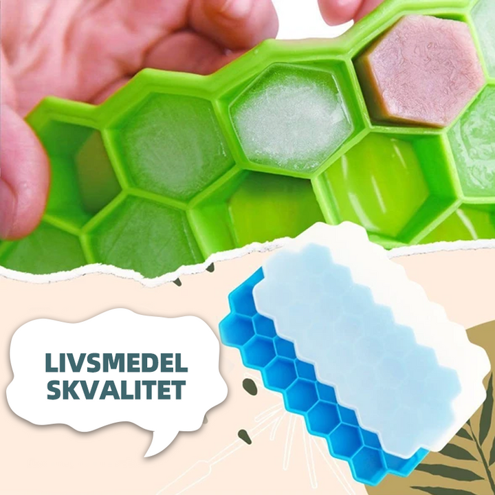 "Honeycomb-formad isbitsform av blå silikon, flexibel och spillsäker, köksredskap med lock för enkel ishantering."