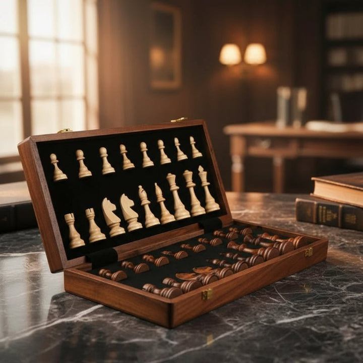 Hopfällbart schackset i trä för vuxna med eleganta pjäser, perfekt för strategispel och brädspel.