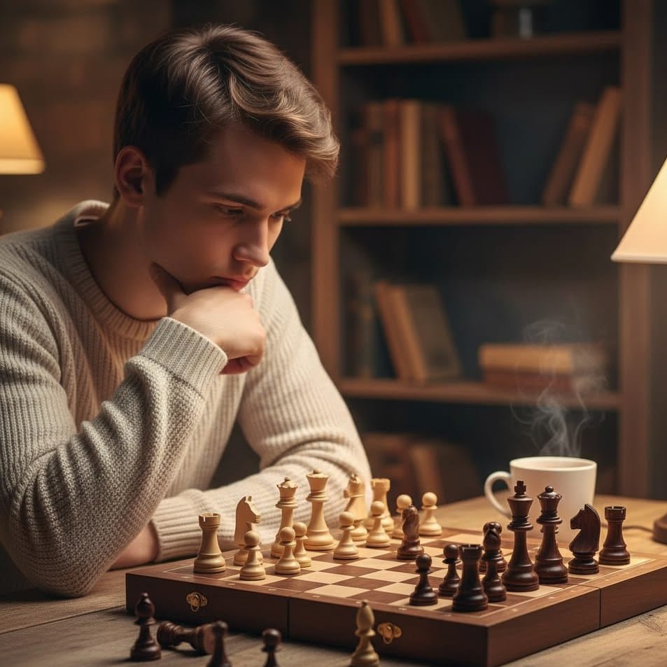 Vuxna spelar schack med elegant träschackset; en perfekt present för hobby och familjespel.