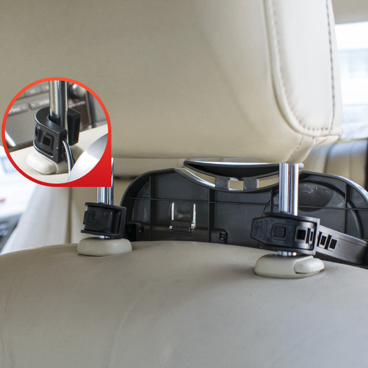 "Hopfällbar bilbricka för baksätet med förvaring och ställ i svart ABS-plast, perfekt för mat och multitasking i bilen."