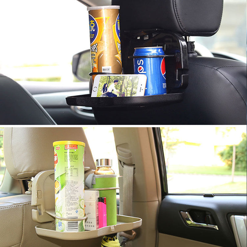"Hopfällbar bilbricka för baksätet med förvaring och ställ i svart ABS-plast, perfekt för mat och multitasking i bilen."