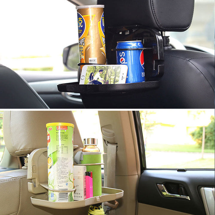 "Hopfällbar bilbricka för baksätet med förvaring och ställ i svart ABS-plast, perfekt för mat och multitasking i bilen."