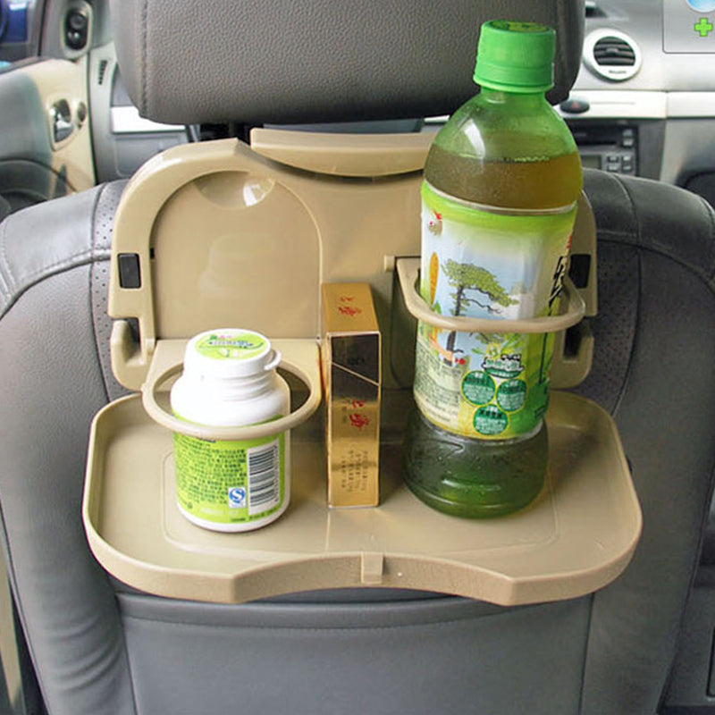"Hopfällbar bilbricka för baksätet med förvaring och ställ i svart ABS-plast, perfekt för mat och multitasking i bilen."