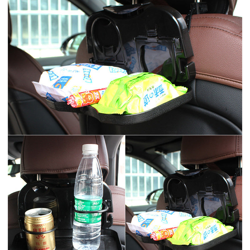 "Hopfällbar bilbricka för baksätet med förvaring och ställ i svart ABS-plast, perfekt för mat och multitasking i bilen."