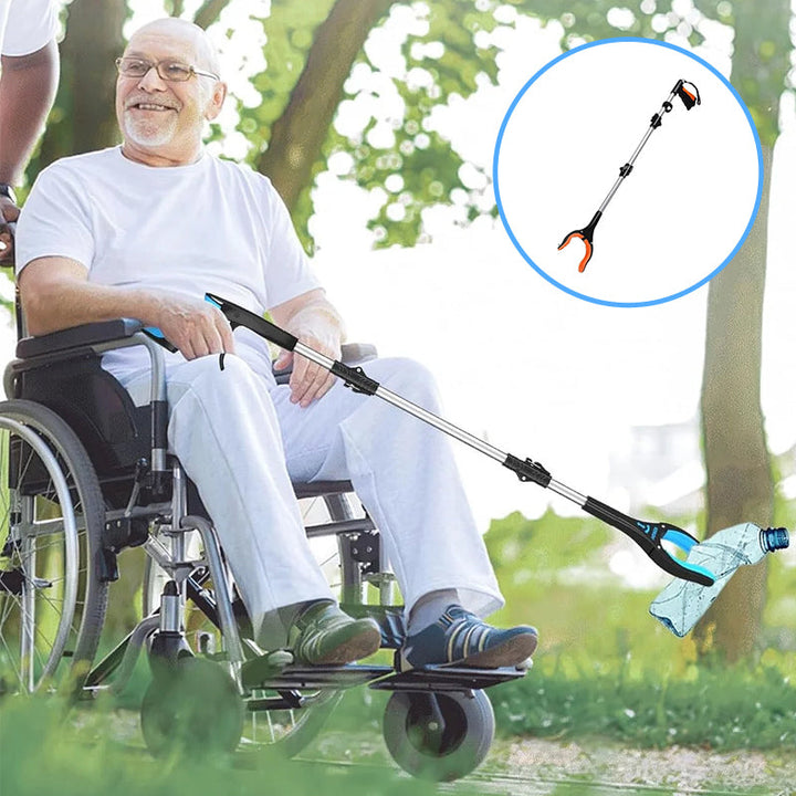 "Hopfällbar gripklo med ergonomiskt handtag och 360° vridbar klämma av aluminium, idealisk för mobilitet och enkel åtkomst."