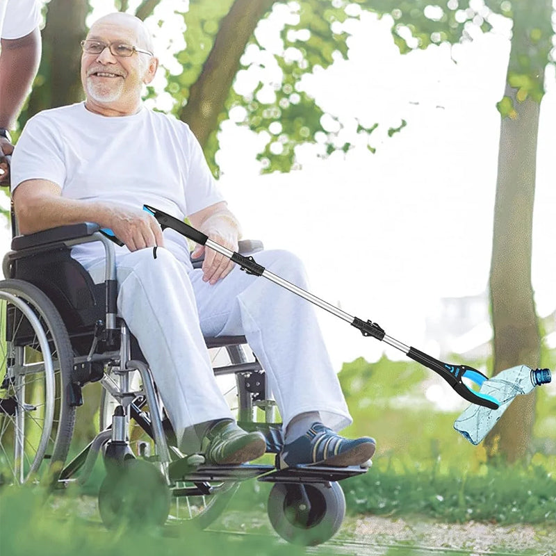"Hopfällbar gripklo med ergonomiskt handtag och 360° vridbar klämma av aluminium, idealisk för mobilitet och enkel åtkomst."