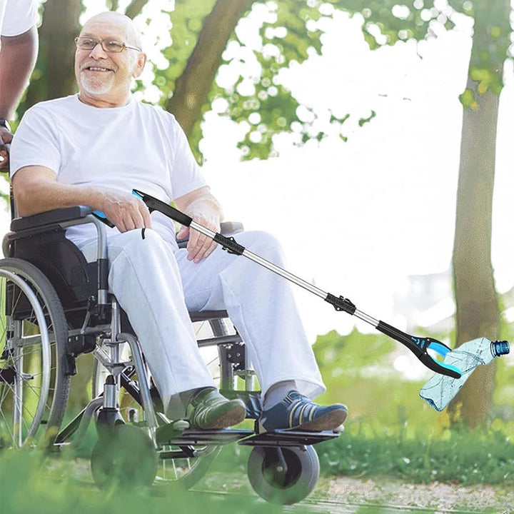 "Hopfällbar gripklo med ergonomiskt handtag och 360° vridbar klämma av aluminium, idealisk för mobilitet och enkel åtkomst."