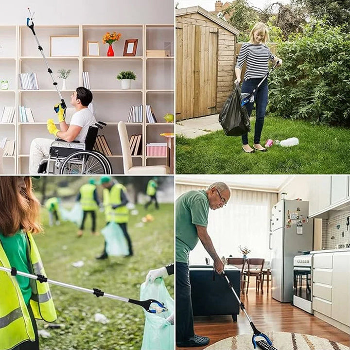 "Hopfällbar gripklo med ergonomiskt handtag och 360° vridbar klämma av aluminium, idealisk för mobilitet och enkel åtkomst."