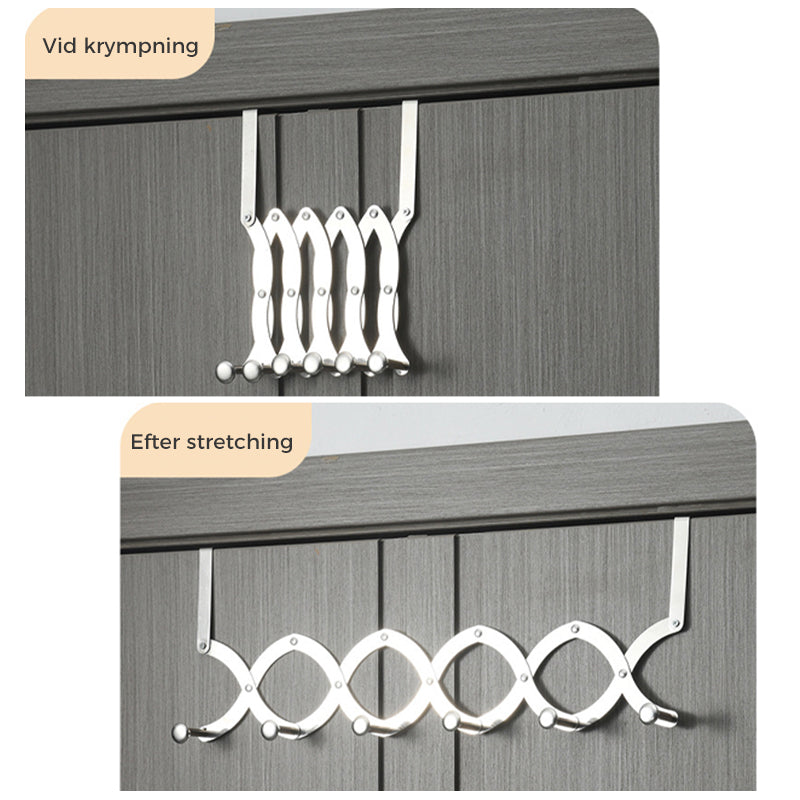 "Hopfällbar klädhängare i rostfritt stål, justerbara krokar, över dörr, silver, eleganta och kompakta designfunktioner."