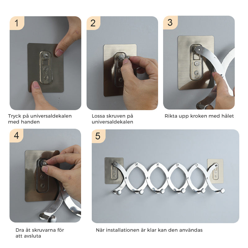 "Hopfällbar klädhängare i rostfritt stål, justerbara krokar, över dörr, silver, eleganta och kompakta designfunktioner."