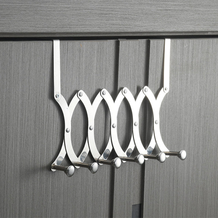 "Hopfällbar klädhängare i rostfritt stål, justerbara krokar, över dörr, silver, eleganta och kompakta designfunktioner."