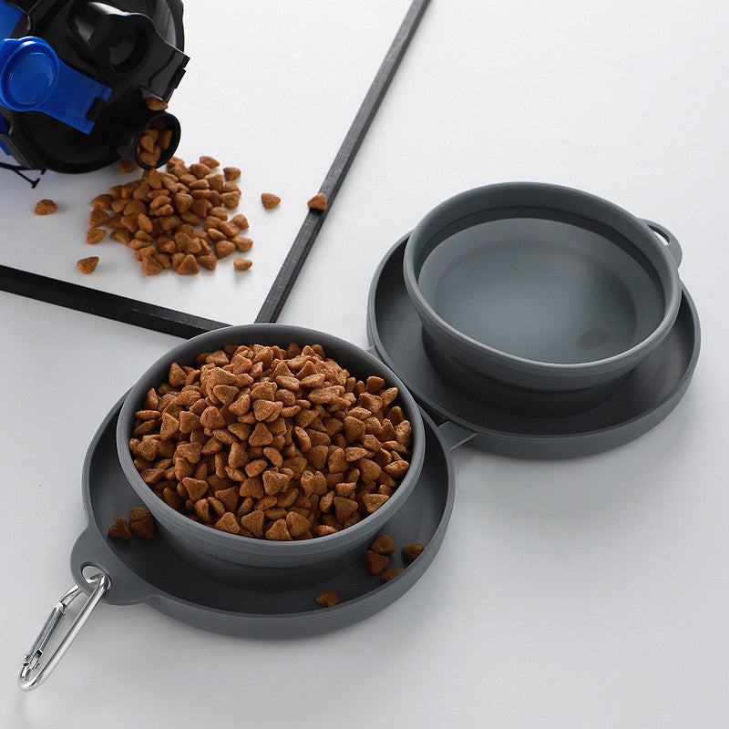 "Hopfällbar silikon matset för husdjur i blått, lätt att transportera med integrerade skålar för mat och vatten."