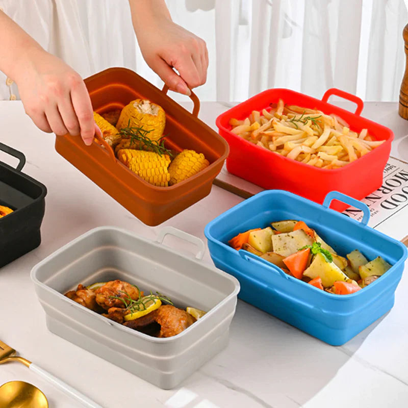 Hopfällbar silikonbakplåt för Air Fryer, grå, tål hög temperatur, oljedränering, enkel rengöring, matchar köksinredning.