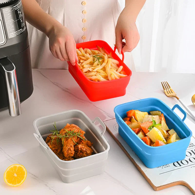 Hopfällbar silikonbakplåt för Air Fryer, grå, tål hög temperatur, oljedränering, enkel rengöring, matchar köksinredning.