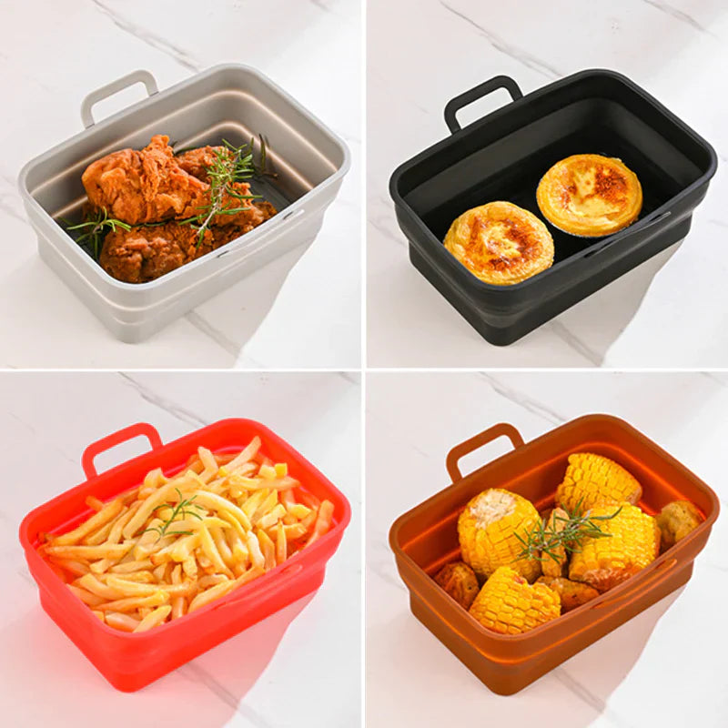 Hopfällbar silikonbakplåt för Air Fryer, grå, tål hög temperatur, oljedränering, enkel rengöring, matchar köksinredning.