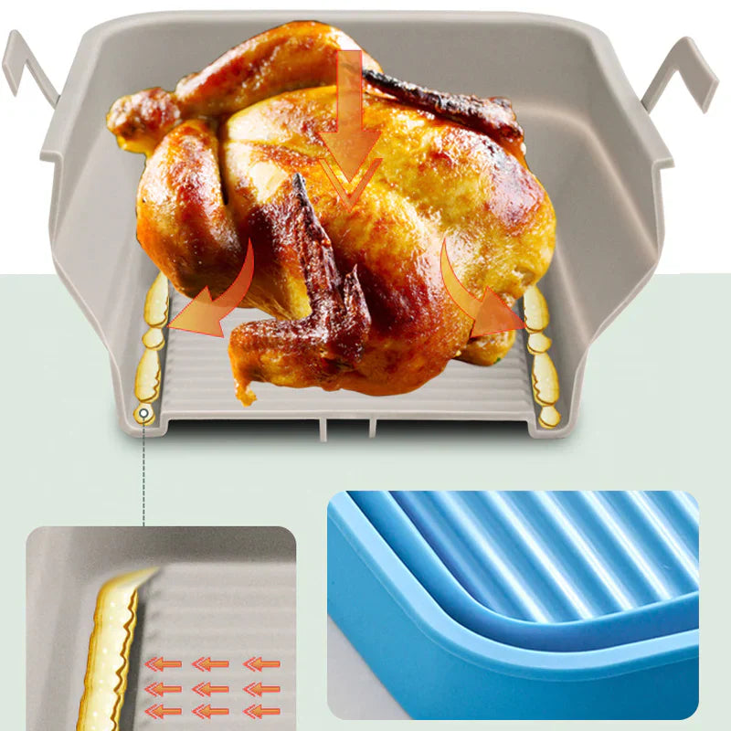 Hopfällbar silikonbakplåt för Air Fryer, grå, tål hög temperatur, oljedränering, enkel rengöring, matchar köksinredning.
