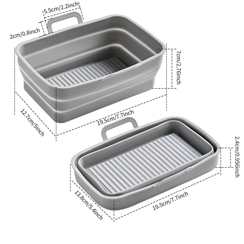Hopfällbar silikonbakplåt för Air Fryer, grå, tål hög temperatur, oljedränering, enkel rengöring, matchar köksinredning.