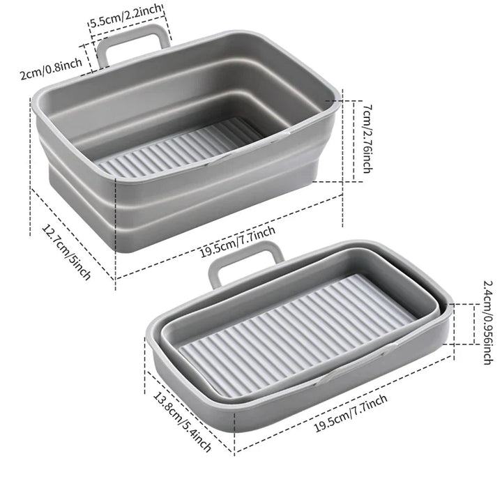 Hopfällbar silikonbakplåt för Air Fryer, grå, tål hög temperatur, oljedränering, enkel rengöring, matchar köksinredning.