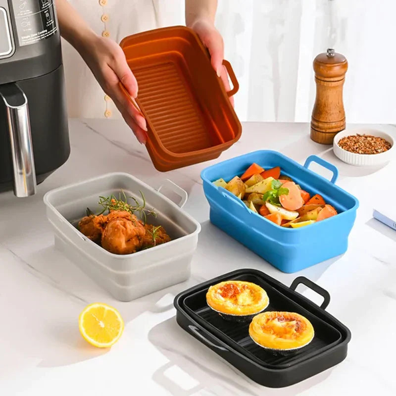 Hopfällbar silikonbakplåt för Air Fryer, grå, tål hög temperatur, oljedränering, enkel rengöring, matchar köksinredning.