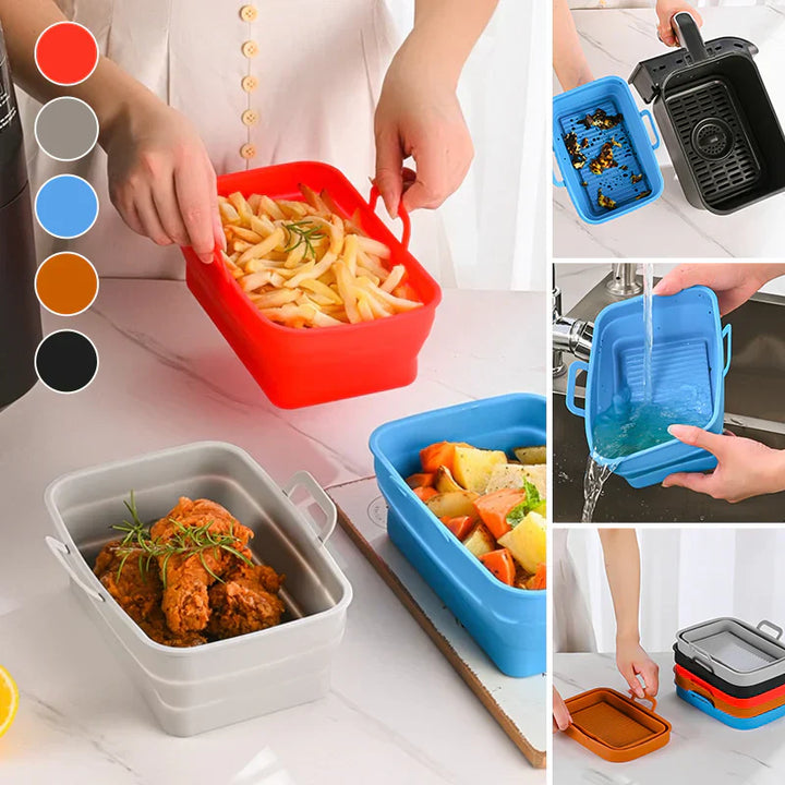Hopfällbar silikonbakplåt för Air Fryer, grå, tål hög temperatur, oljedränering, enkel rengöring, matchar köksinredning.