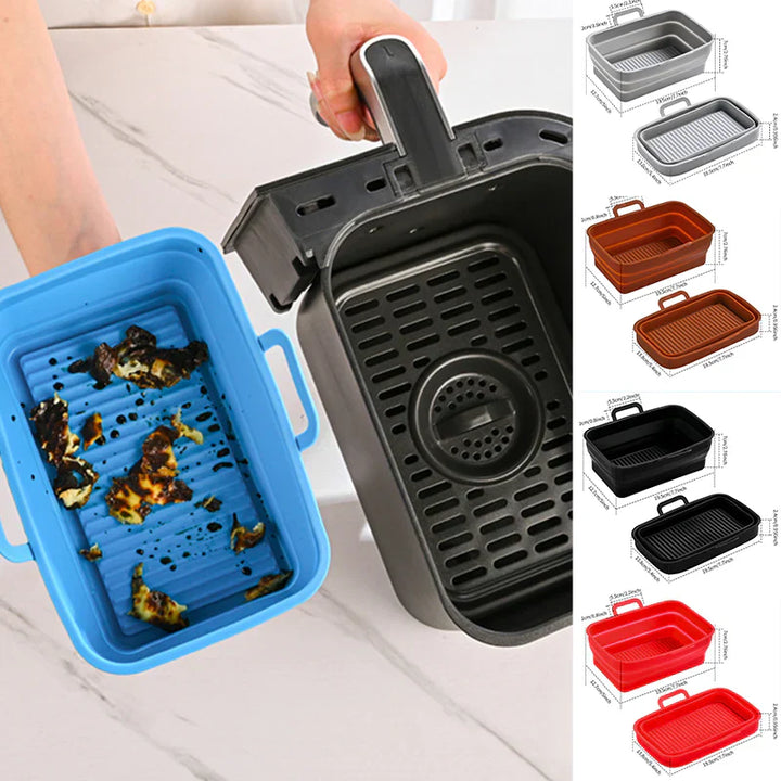 Hopfällbar silikonbakplåt för Air Fryer, grå, tål hög temperatur, oljedränering, enkel rengöring, matchar köksinredning.