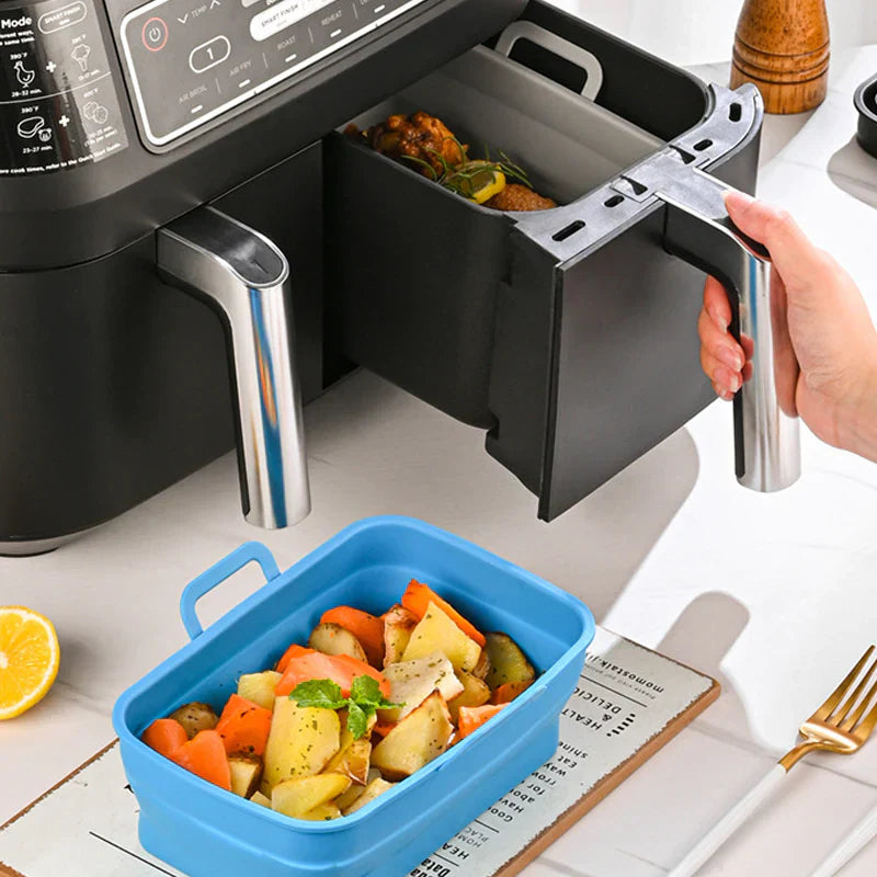 Hopfällbar silikonbakplåt för Air Fryer, grå, tål hög temperatur, oljedränering, enkel rengöring, matchar köksinredning.