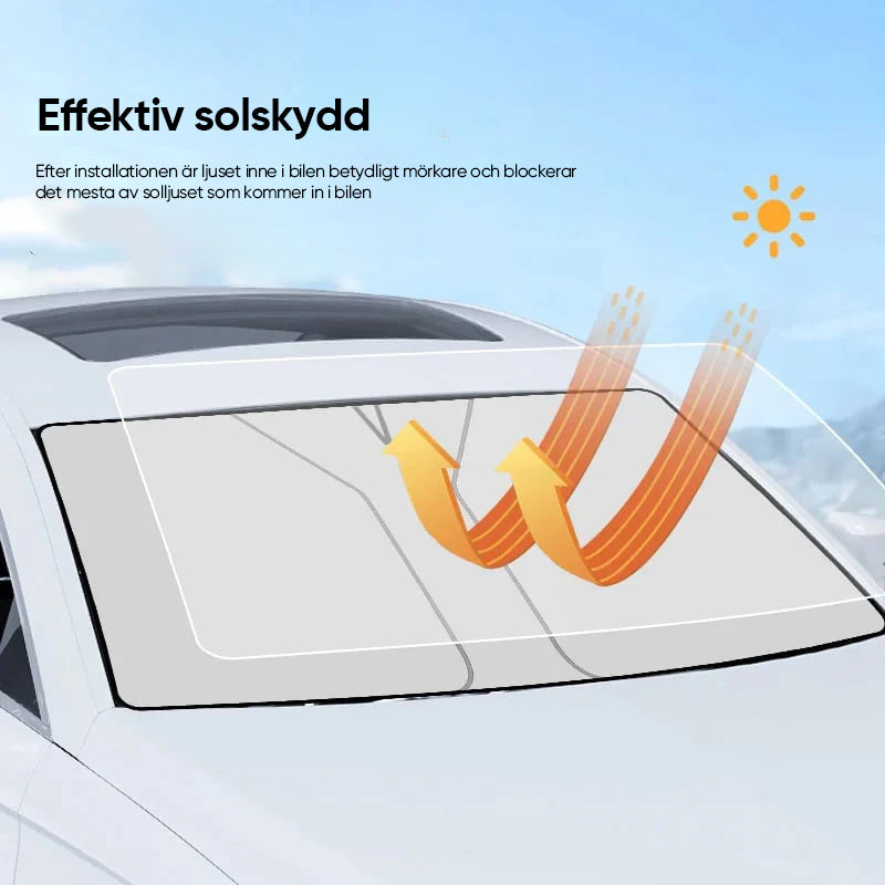 "Hopfällbar solskärm för bil i mediumstorlek, silverfärgad, skyddar mot UV-strålar och överhettning, kompakt design."