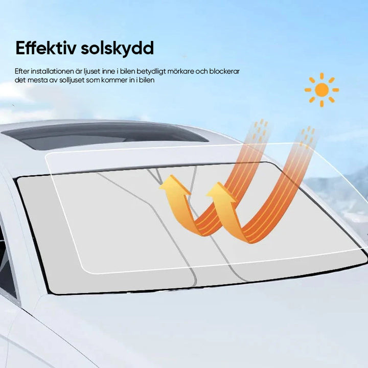 "Hopfällbar solskärm för bil i mediumstorlek, silverfärgad, skyddar mot UV-strålar och överhettning, kompakt design."