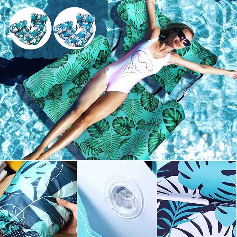 "Hopfällbar uppblåsbar poolstol med ergonomiskt ryggstöd och lövverk-mönster, perfekt för komfort och stil vid poolen."