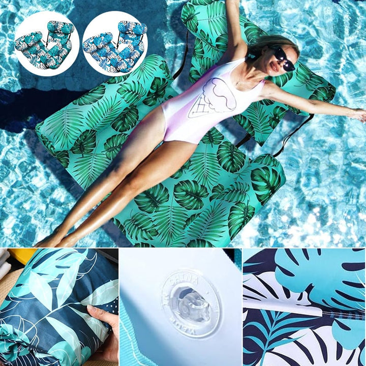 "Hopfällbar uppblåsbar poolstol med ergonomiskt ryggstöd och lövverk-mönster, perfekt för komfort och stil vid poolen."