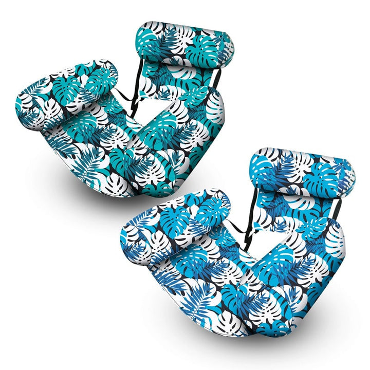 "Hopfällbar uppblåsbar poolstol med ergonomiskt ryggstöd och lövverk-mönster, perfekt för komfort och stil vid poolen."