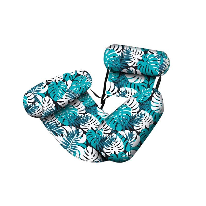 "Hopfällbar uppblåsbar poolstol med ergonomiskt ryggstöd och lövverk-mönster, perfekt för komfort och stil vid poolen."