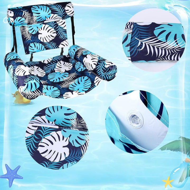 "Hopfällbar uppblåsbar poolstol med ergonomiskt ryggstöd och lövverk-mönster, perfekt för komfort och stil vid poolen."