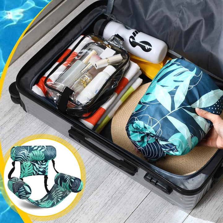 "Hopfällbar uppblåsbar poolstol med ergonomiskt ryggstöd och lövverk-mönster, perfekt för komfort och stil vid poolen."