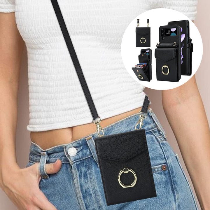 Hopfällbart Messenger Mobilfodral i elegant PU-läder, passande för Samsung Galaxy Z Flip, med justerbara axelband.