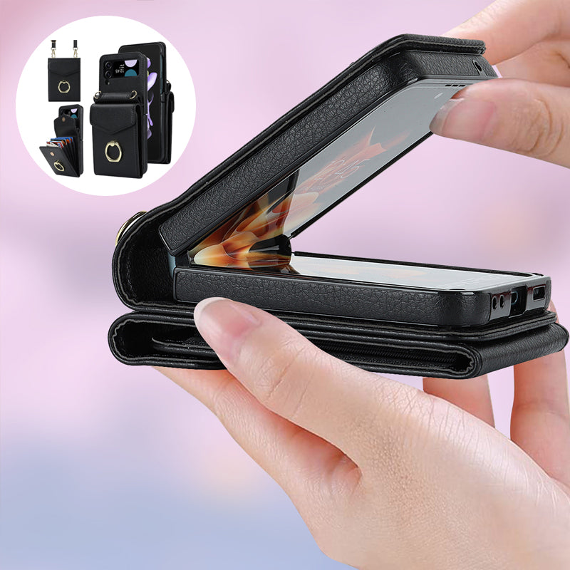 Hopfällbart Messenger Mobilfodral i elegant PU-läder, passande för Samsung Galaxy Z Flip, med justerbara axelband.