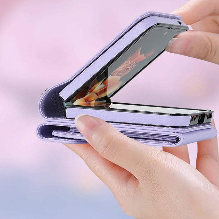 Hopfällbart Messenger Mobilfodral i elegant PU-läder, passande för Samsung Galaxy Z Flip, med justerbara axelband.