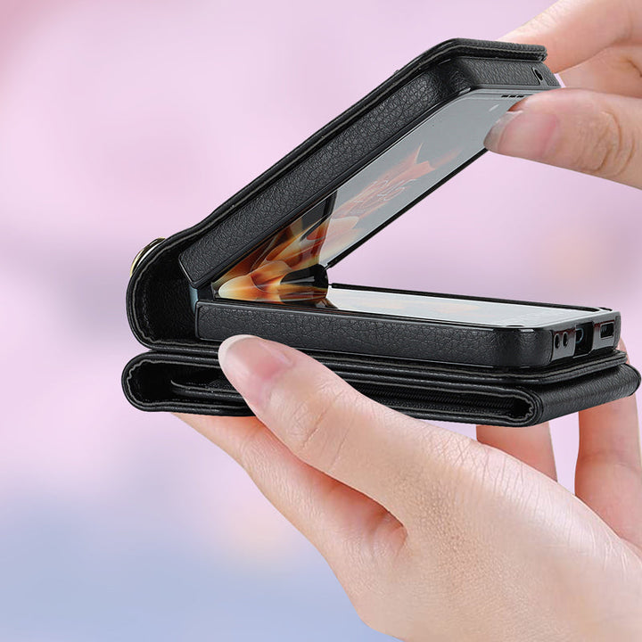 Hopfällbart Messenger Mobilfodral i elegant PU-läder, passande för Samsung Galaxy Z Flip, med justerbara axelband.