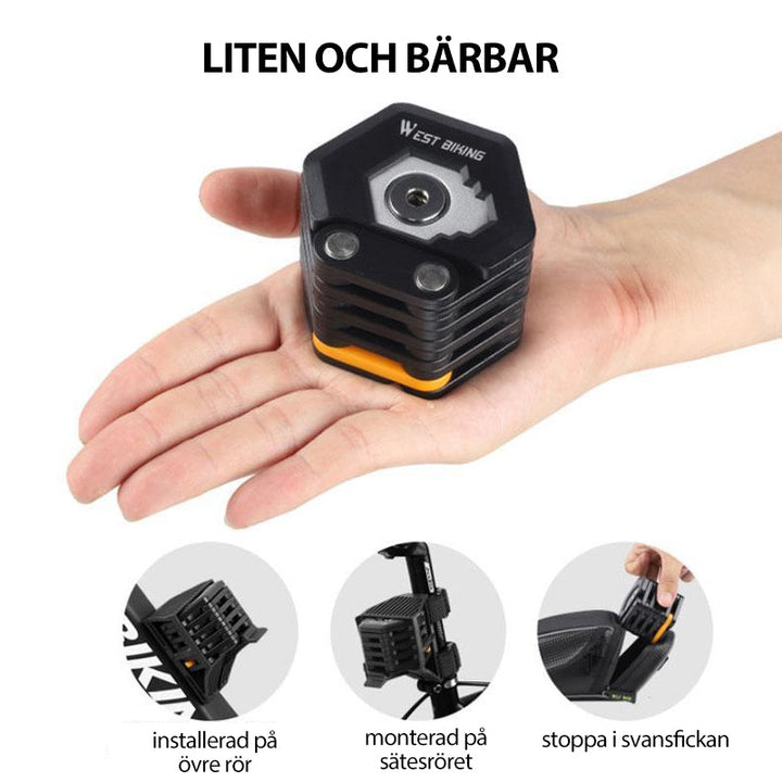 "Hopfällbart starkt cykellås i zinklegering med gummibeläggning, kompakt design, 26 leder för säker cykelförvaring."