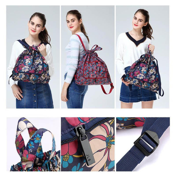 "Hopvikbar unisex ryggsäck med dragsko, vattentät yta, lättviktig och kompakt design, lämplig för både stad och äventyr."