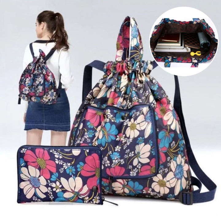 "Hopvikbar unisex ryggsäck med dragsko, vattentät yta, lättviktig och kompakt design, lämplig för både stad och äventyr."