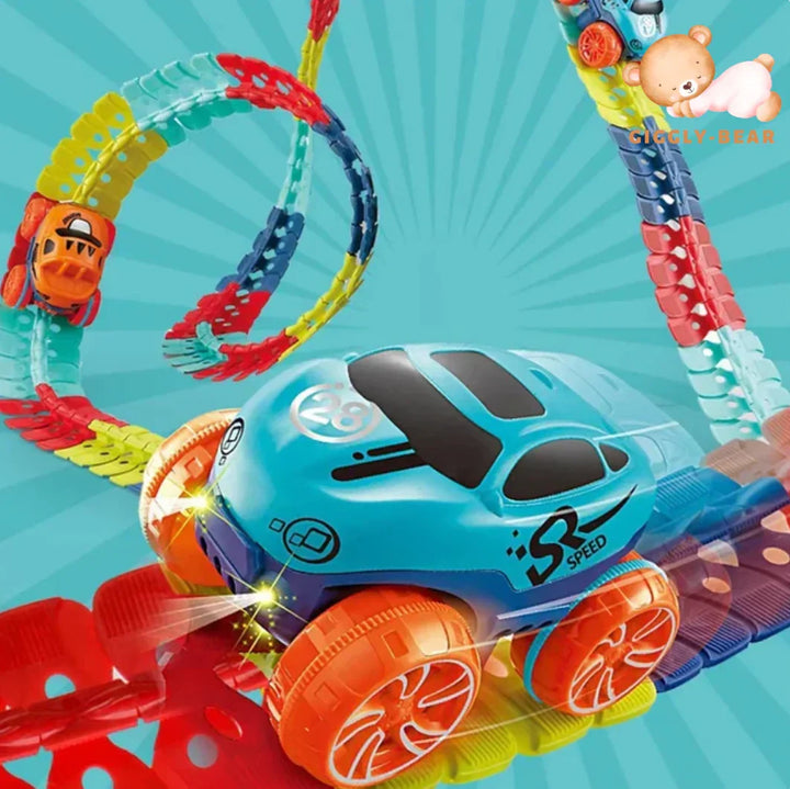 Kreativ byggleksak: HoverSpeed bilbana i en oändlig slinga för barn. Bygg unika racingbanor!