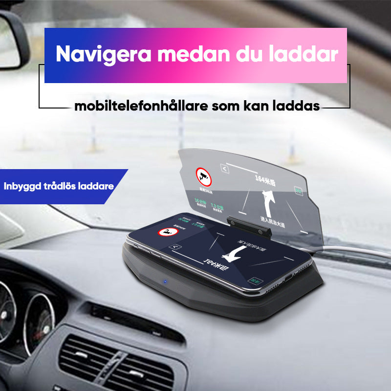 "HUD navigationsprojektor med trådlös laddning, klar skärm på smidig hållare, förbättrar körupplevelsen i bilen."