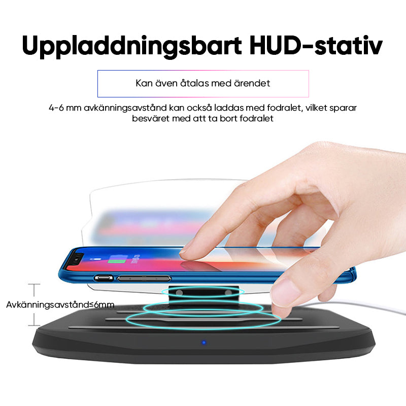 "HUD navigationsprojektor med trådlös laddning, klar skärm på smidig hållare, förbättrar körupplevelsen i bilen."