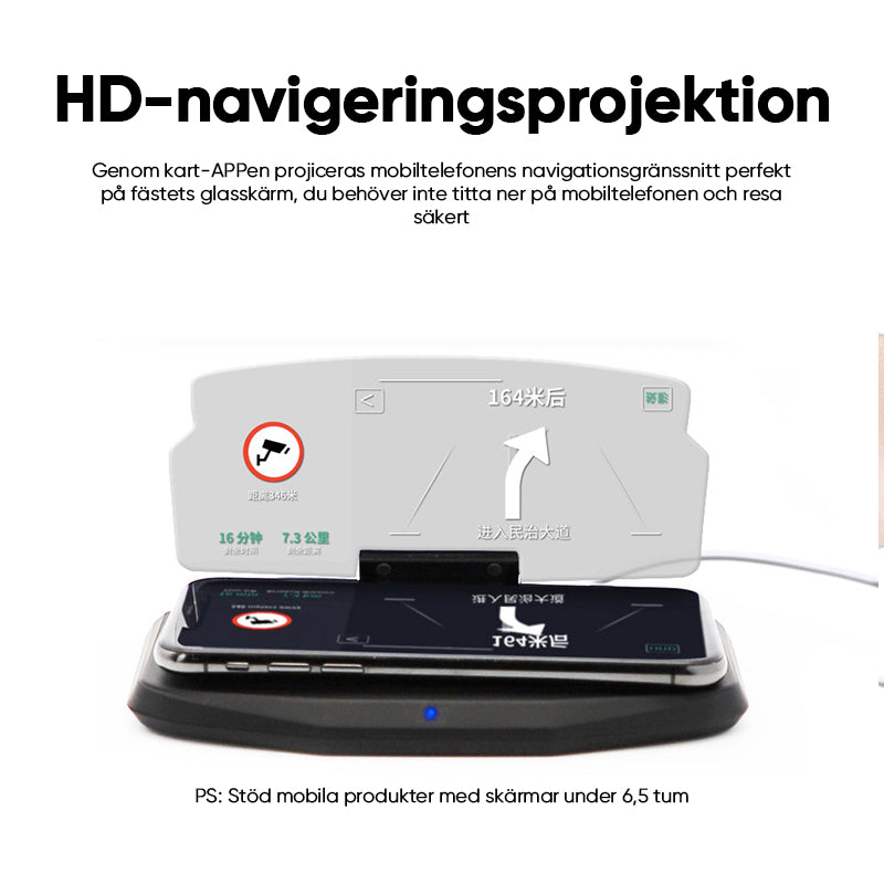 "HUD navigationsprojektor med trådlös laddning, klar skärm på smidig hållare, förbättrar körupplevelsen i bilen."