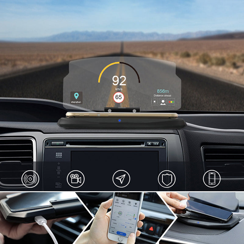 "HUD navigationsprojektor med trådlös laddning, klar skärm på smidig hållare, förbättrar körupplevelsen i bilen."