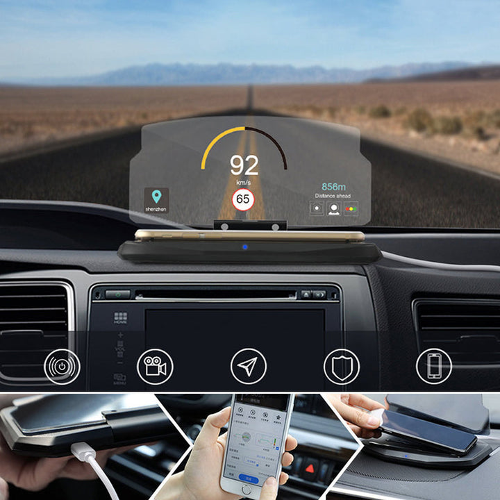 "HUD navigationsprojektor med trådlös laddning, klar skärm på smidig hållare, förbättrar körupplevelsen i bilen."
