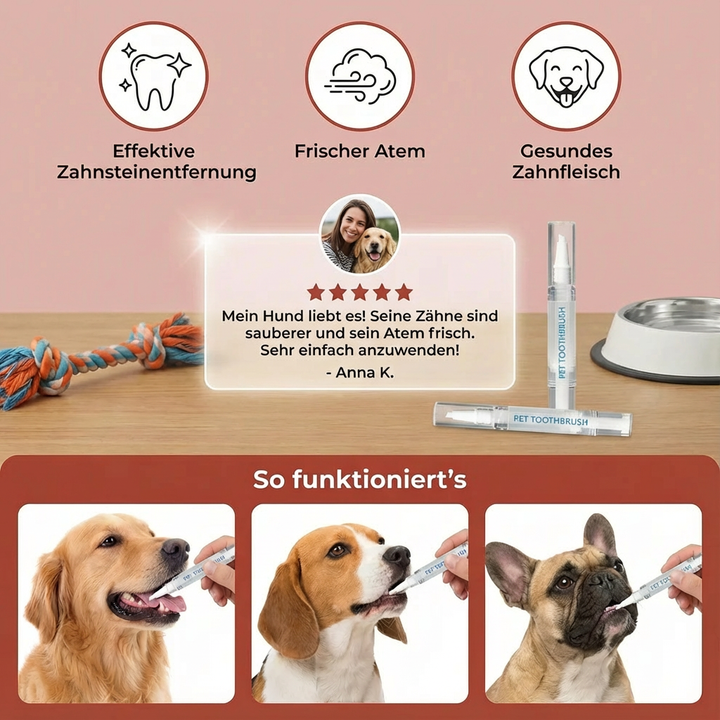 En glad hund med glänsande tänder efter användning av tandvårdspennan, för optimal munhygien och frisk andedräkt.