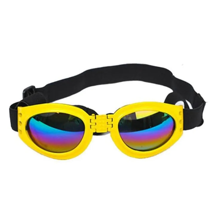Detaljbild av hundgoggles med justerbara remmar och UV-skyddande linser för optimal ögonvård.