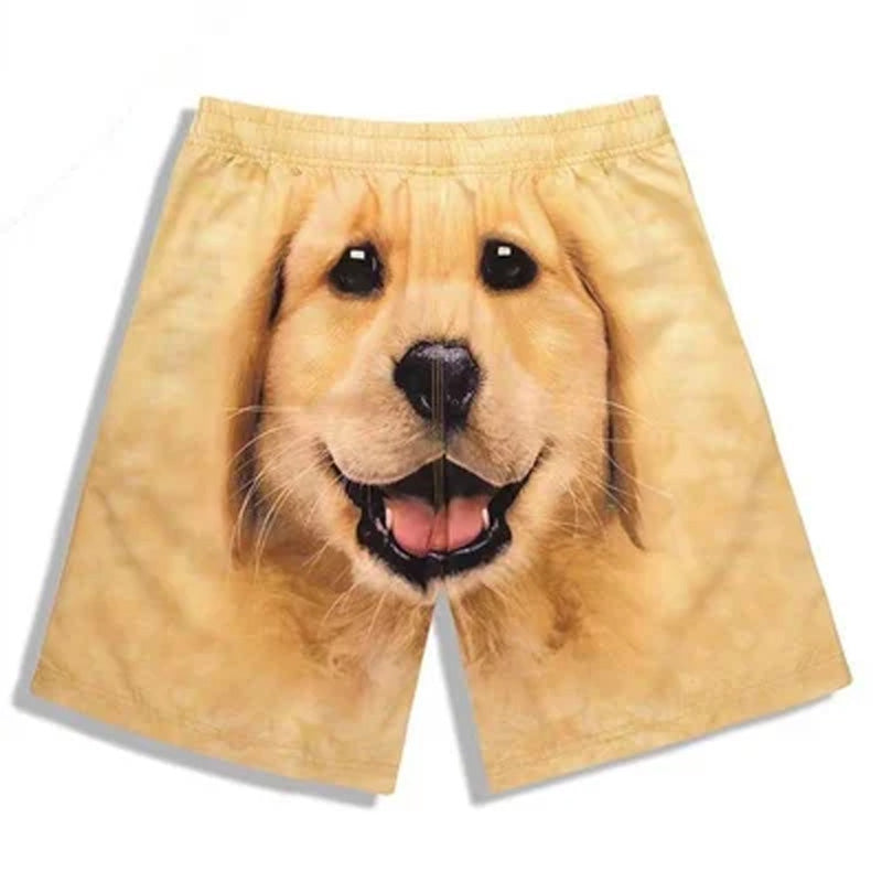 "Hundmönstrade herrsimshorts med levande färger och polyester, perfekta för sommarens äventyr och avkoppling."